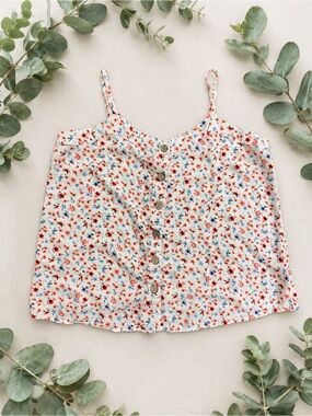 Pink Rose Floral Button Front Cami Tank Top Medium Cottagecore Boho
